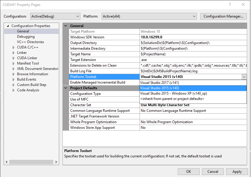 Version CUDA Windows. Visual Studio 2017 select toolset. CUDA Project.